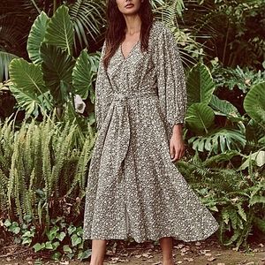 THE GREAT. Botanical Print Midi Dress in Olive and Ivory